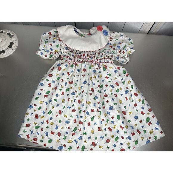 Vintage Polly Flinders Colorful Bow Print Smocked Dress Embroidery Toddler Sz 4 - Picture 2 of 6